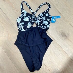 Cupshe Navy Blue Floral One Piece Bathing Suit with Cut Out Ruching Womens Small